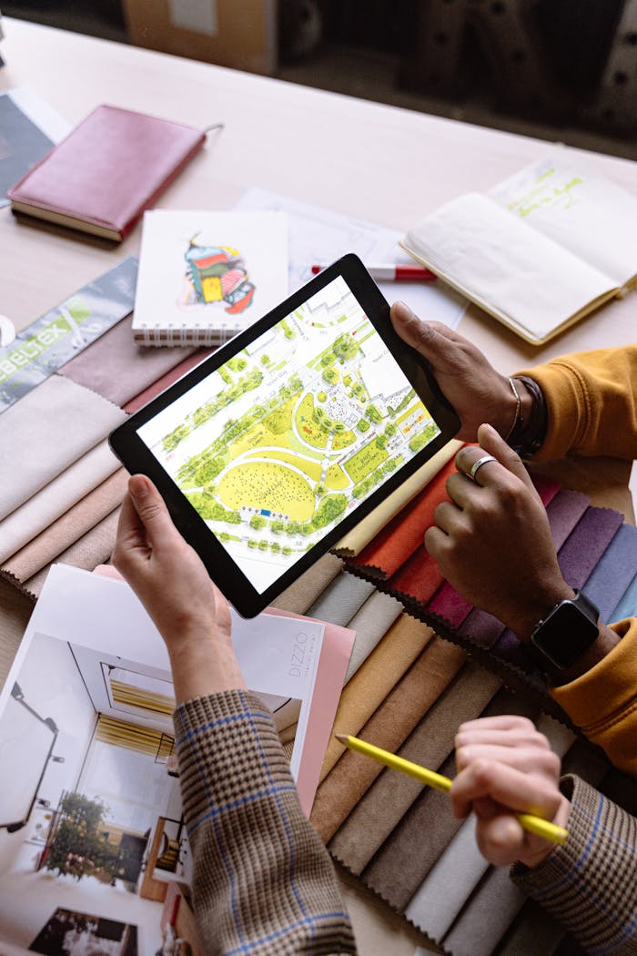 Two designers using a tablet and fabric samples for landscape planning.