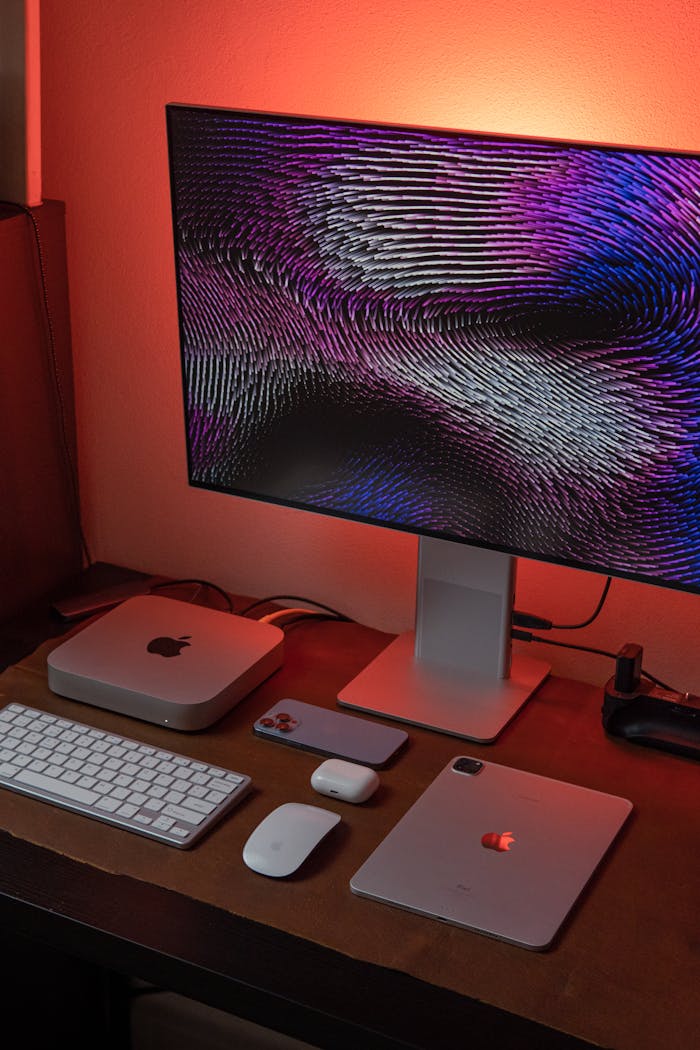 A stylish desk setup featuring Apple devices and a vibrant monitor display, perfect for productivity.
